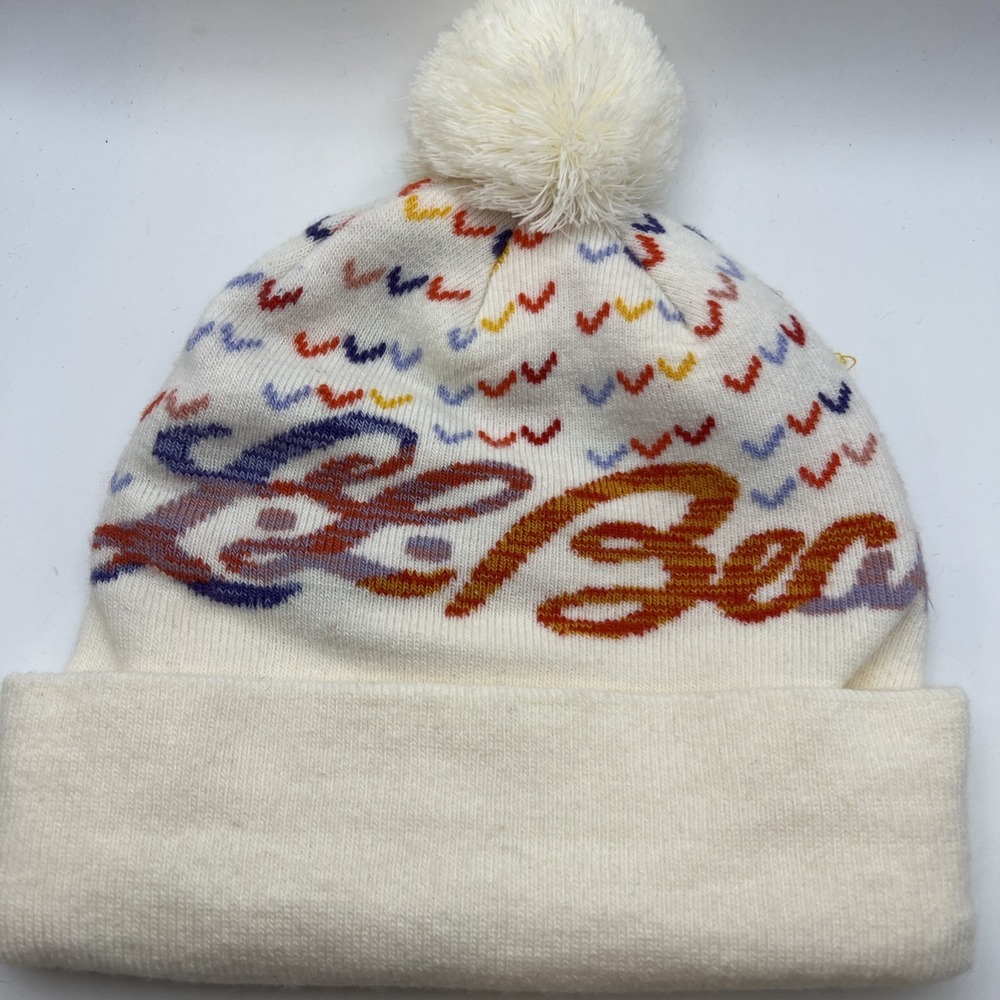 LL Bean Unisex White Hat Beanie Katahdin Pom Graphic Colorful Script Logo